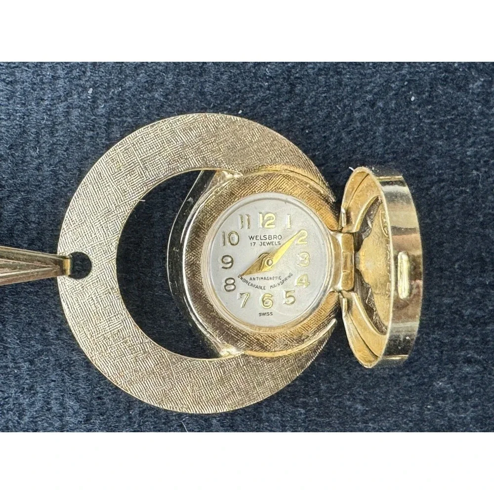 Vintage Welsbro‎ Swiss Pendant Watch Necklace Manual Wind Working Gold Tone